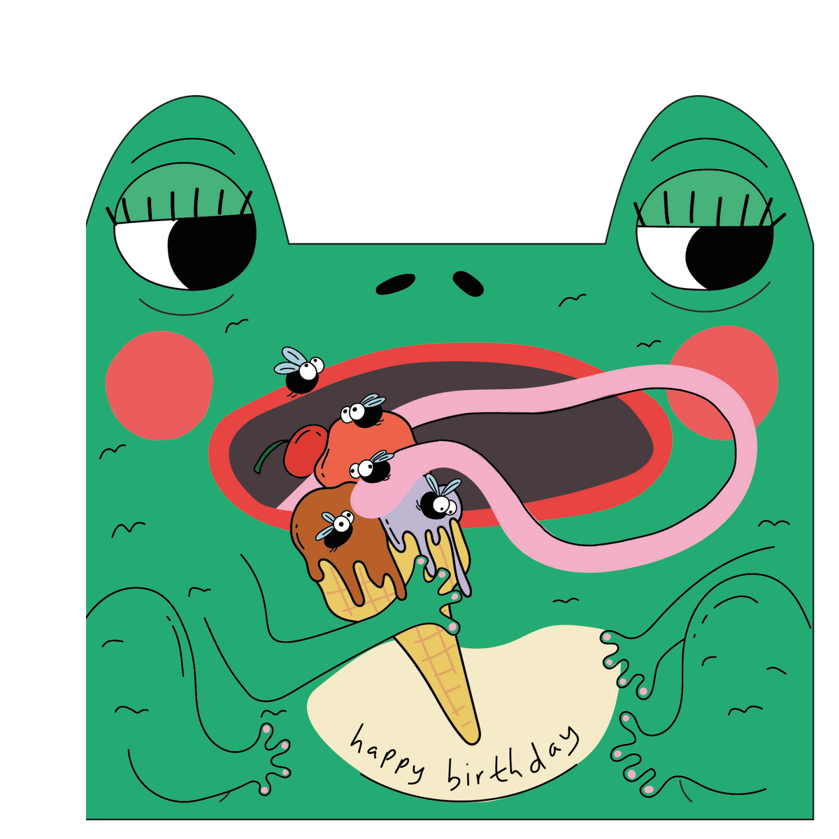 Frog eats fly ice cream - Die cut kids greeting card