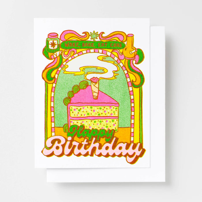 Happy Birthday Wake Bake Eat Cake - Weed 420 Risograph Card