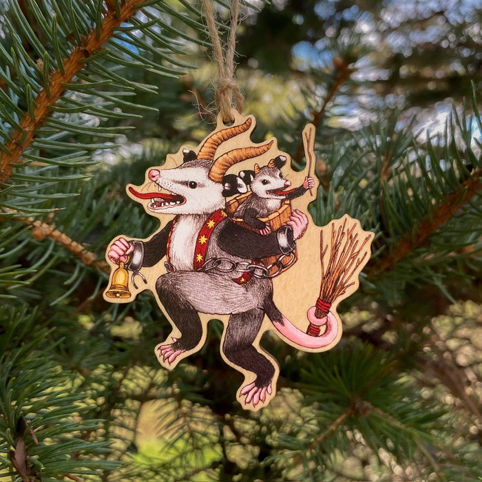 Krampus Opossum Wood Print Christmas Ornament