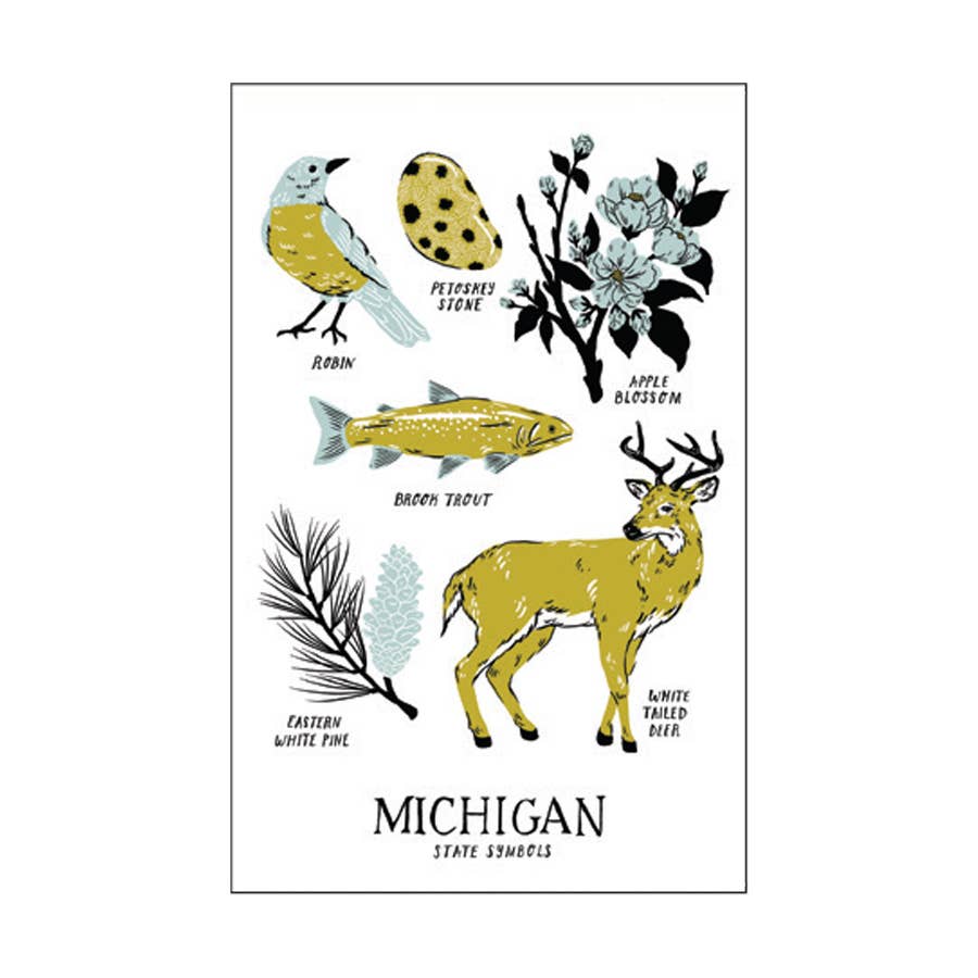 Michigan State Symbols Linen Postcard