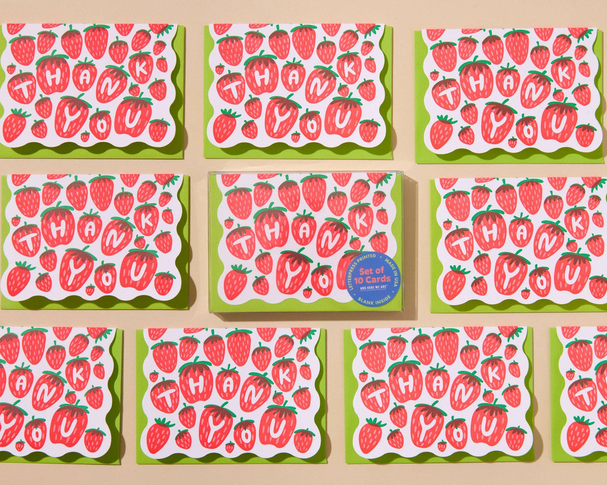 Strawberry Letterpress Scalloped Thank You Card Set (10) - Made in USA - Berry, Fruit, Garden  - Stocking stuffer, Holiday, Gift Guide