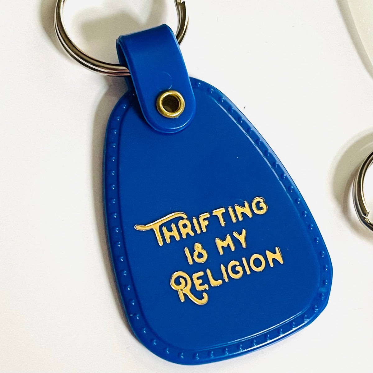 Thrifting is my religion Saddle Keychain made in America