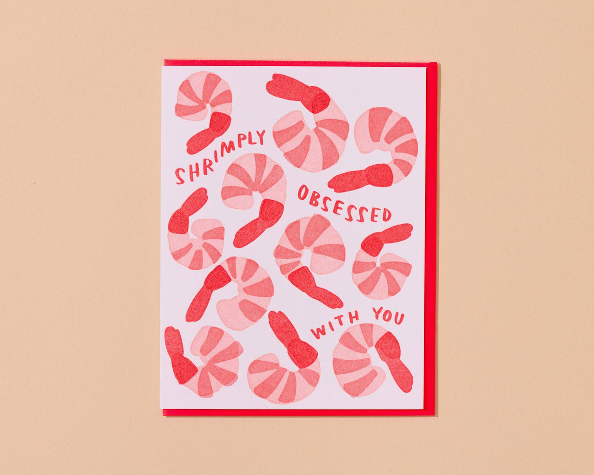 Shrimply Obsessed With You Letterpress Love Card - Made in USA - Foodie, Snacks, Charcuterie, Shrimp Cocktail