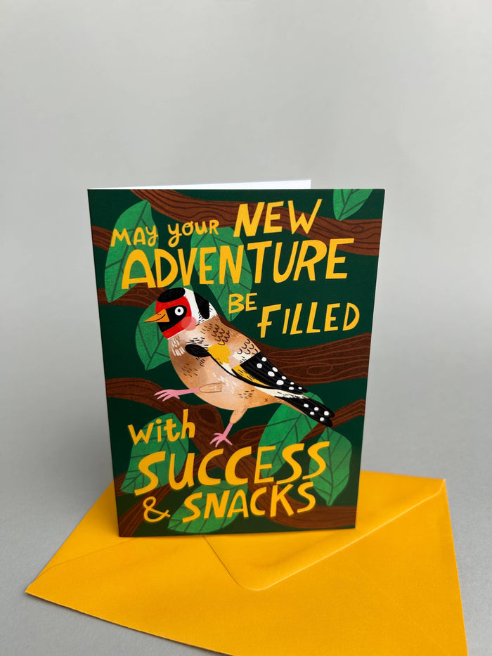 New Adventure / Success + Snacks, Goldfinch A6 Greeting Card