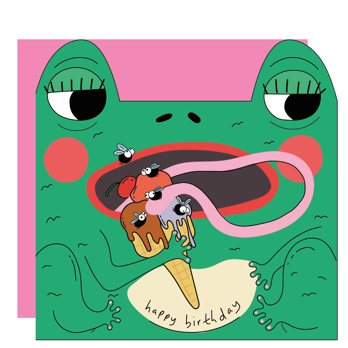 Frog eats fly ice cream - Die cut kids greeting card