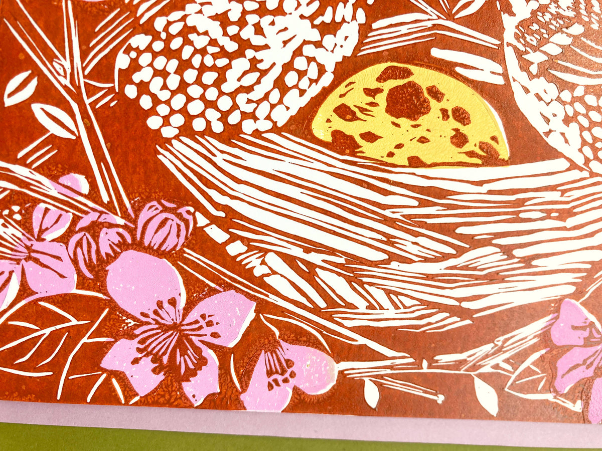 Birds In Nest Blockprinted Greeting Card