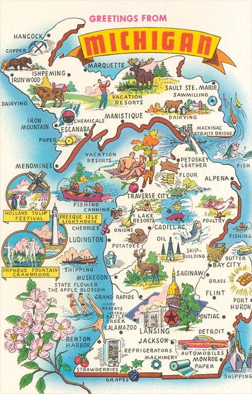 Postcard MI-637 Greetings from Michigan, Map