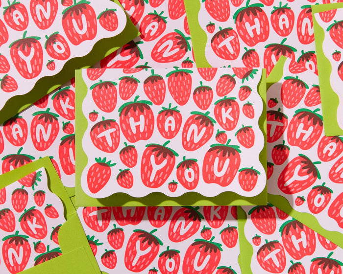 Strawberry Letterpress Scalloped Thank You Card Set (10) - Made in USA - Berry, Fruit, Garden  - Stocking stuffer, Holiday, Gift Guide