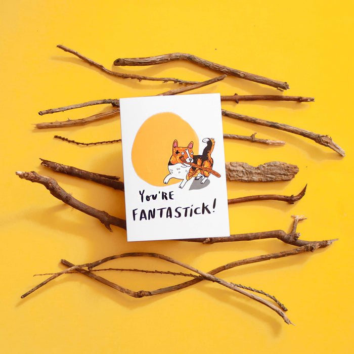You're FantaSTICK! Corgi - happy dog A6 Greeting Card