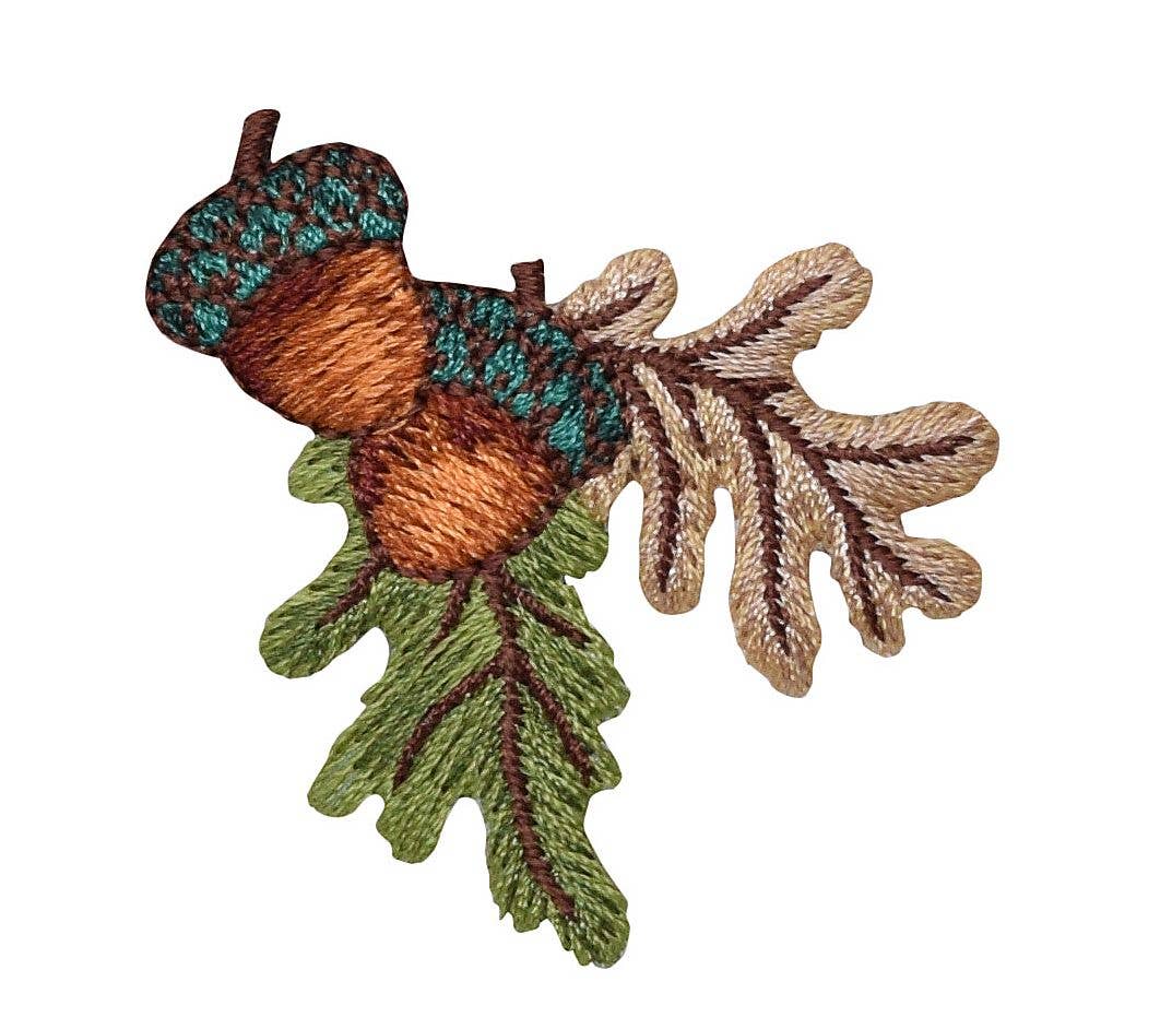 Two Acorns - Brown and Green Fall Leaves - Iron on Patch