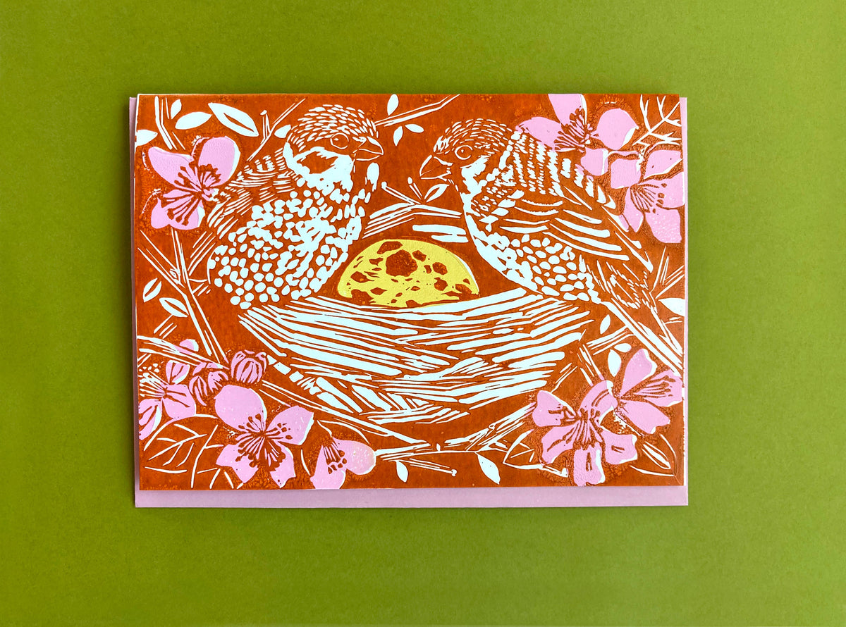 Birds In Nest Blockprinted Greeting Card