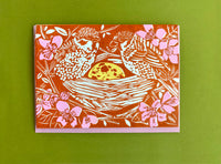 Birds In Nest Blockprinted Greeting Card