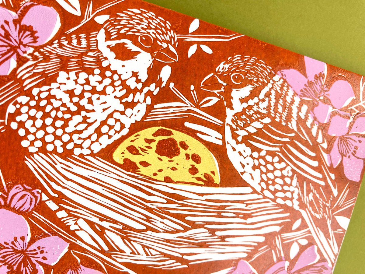 Birds In Nest Blockprinted Greeting Card