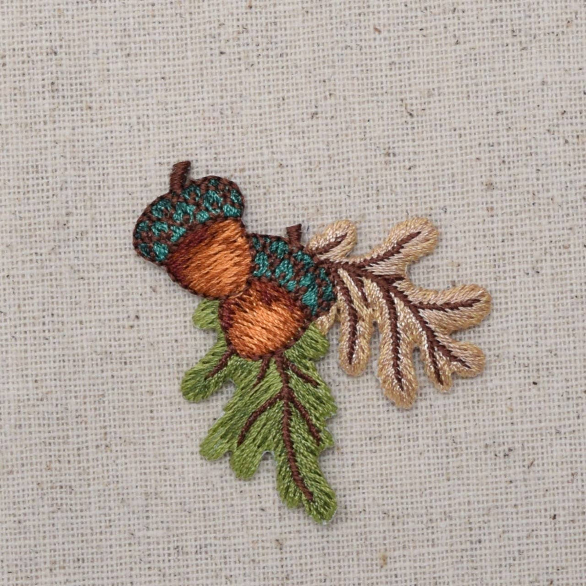 Two Acorns - Brown and Green Fall Leaves - Iron on Patch