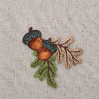 Two Acorns - Brown and Green Fall Leaves - Iron on Patch
