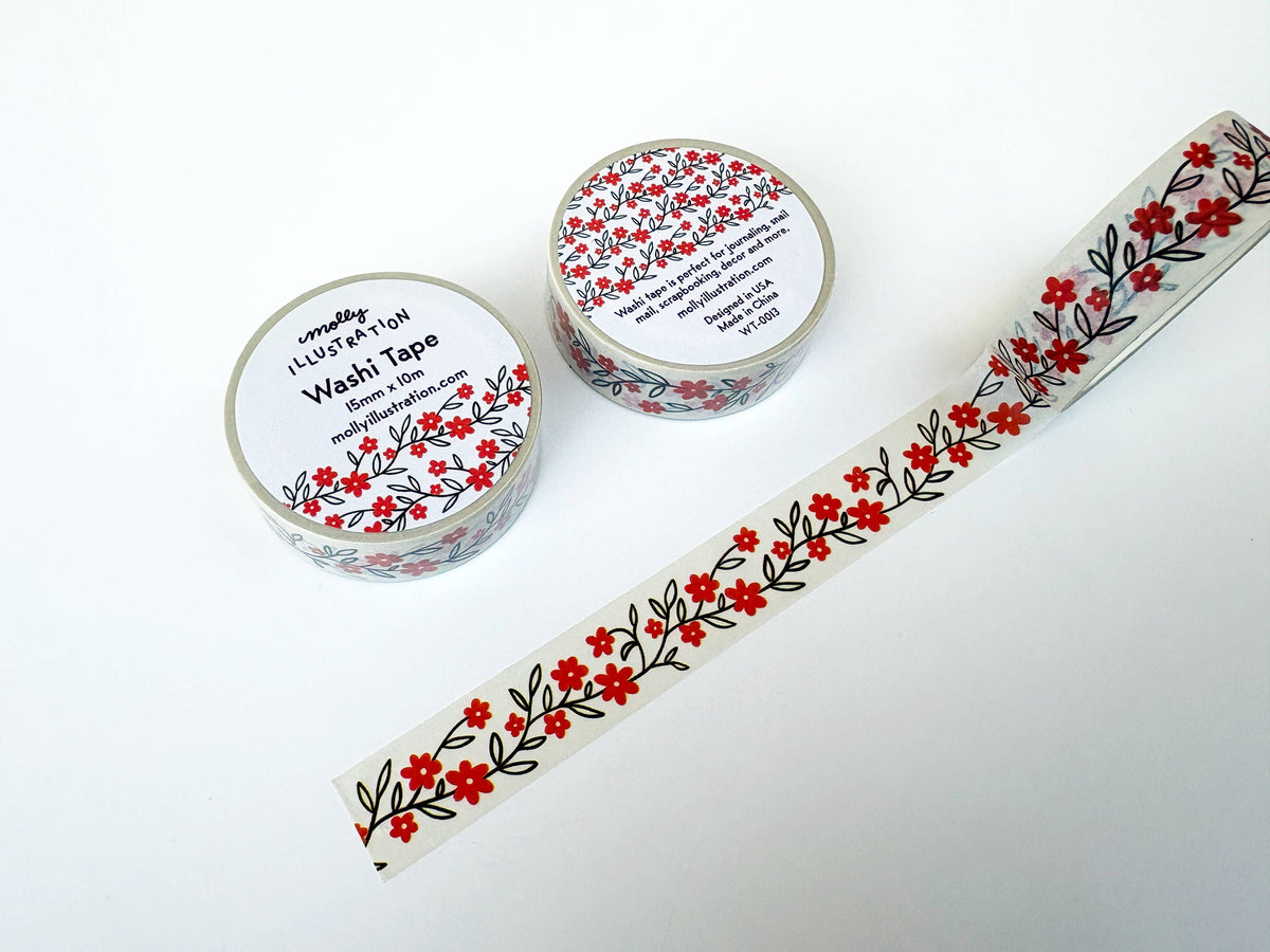 Red Scrolling Flower Decorative Washi Tape 