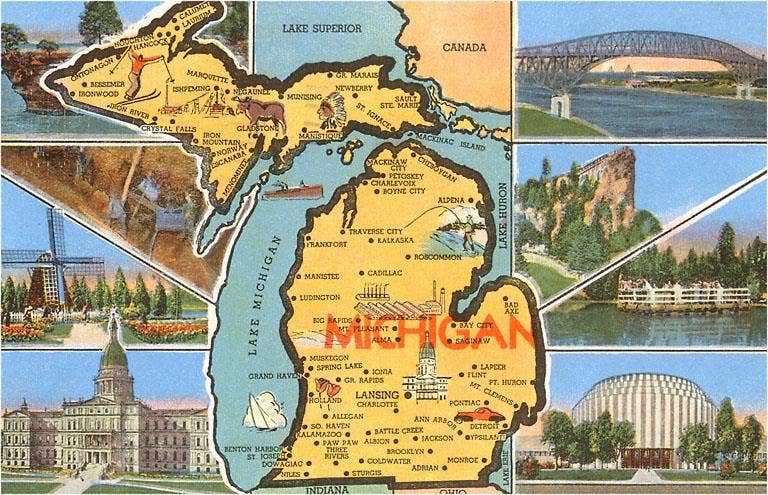 Postcard MI-255 Views and Map of Michigan