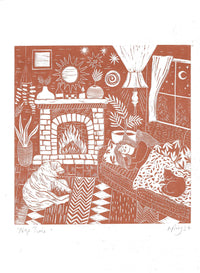 Nap Time riso, cosy, indoor, cat, dog, woman, boho interior