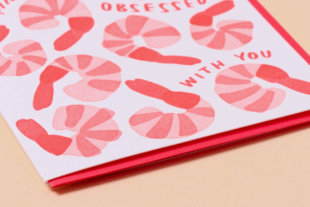 Shrimply Obsessed With You Letterpress Love Card - Made in USA - Foodie, Snacks, Charcuterie, Shrimp Cocktail