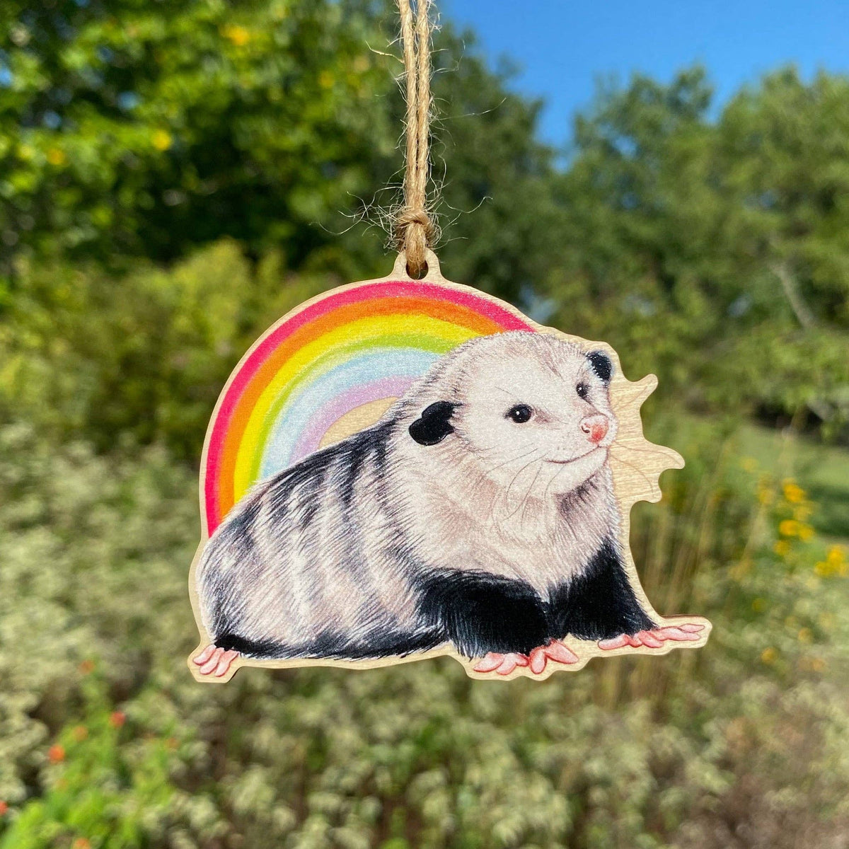 Happy Rainbow Opossum Wood Print Pride Ornament